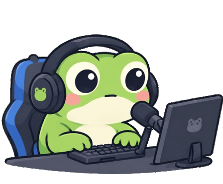 Katak streamer duduk di depan laptop dengan headphone, menerima notifikasi donasi